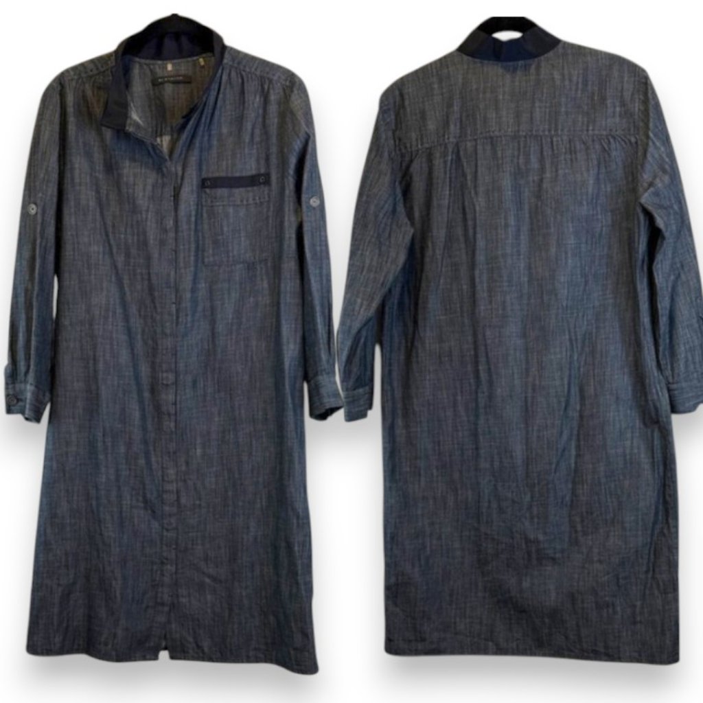 Elie Tahari Chambray Cotton Shirt Dress Roll Tab Sleeves Size 10